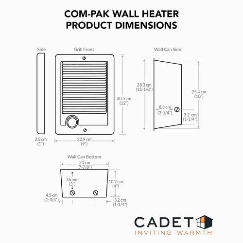 Cadet Com-Pak Electric Wall Heater Complete Unit With Thermostat (Model: CSC202TW, Part: 67507), 6825/5120 BTU, 240/208 Volt, 2000/1500 Watt, White