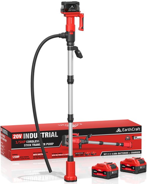 EarthCraft Cordless Stick Water Transfer Pump with 2 * 4.0AH Battery & Charger,740GPH Telescoping Pole Pump, 33FT Head, Handheld Portable Utility Sump Pump Kit for Garden, Boat, Deep Well Draining