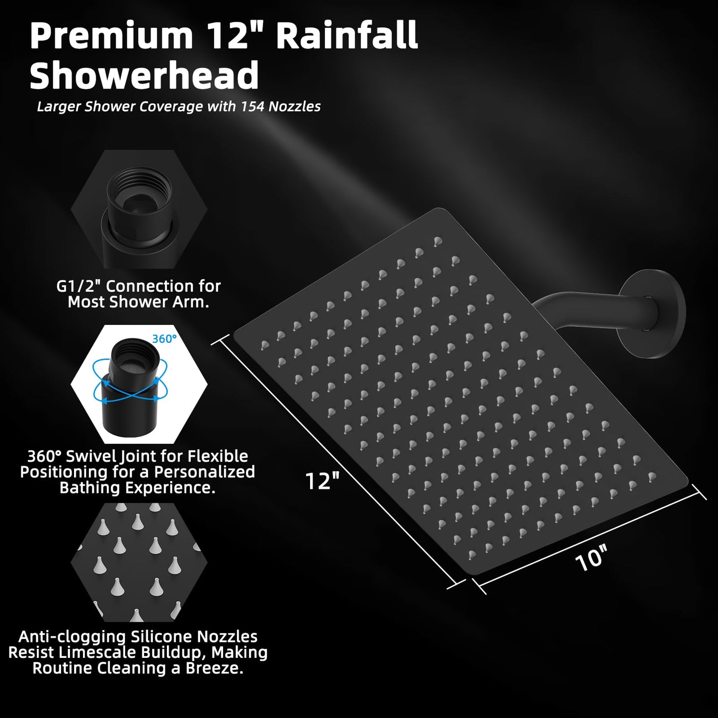 Hibbent All Metal 12 Inch Shower Head, High Pressure Stainless Steel Rain Showerheads, Bathroom Rainfall Showerhead with Ultra-thin Design, Adjustable Brass Ball Joint, Silicone Nozzles, Matte Black