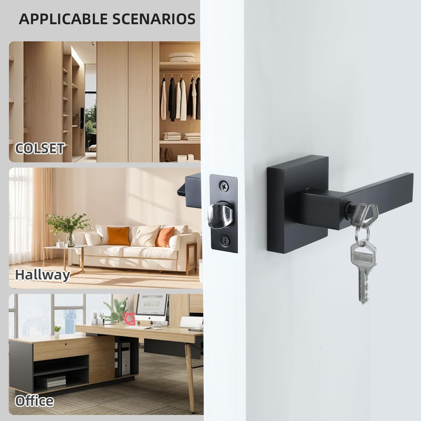 JO.KO Entry Door Lock Set, Square Door Lever for Bedroom, Passage Door Privacy Locking Interior/Exterior Entry Door Knob/Heavy Duty