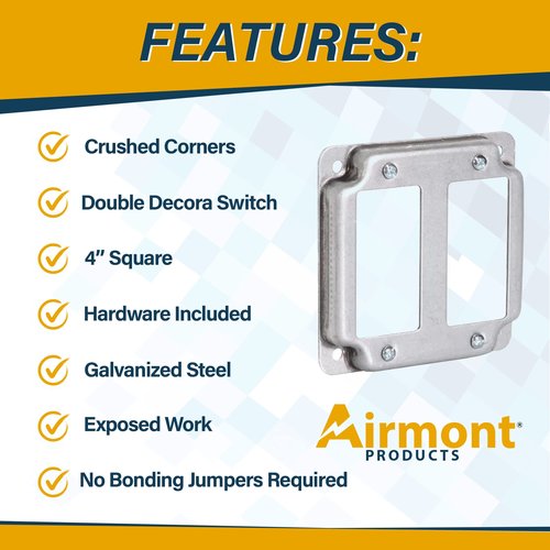 Airmont Products AP-12094, 4" Square Double Decora Switch Electrical Box Cover, 1/2" Raised, Exposed Work, Galvanized Steel, Crushed Corners, 2-Gang