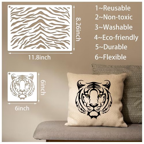 Yhslmh Tiger Stencils for Painting - Reusable Animal Print Stencils Plastic Template for Painting on Wood, Burning Art, Craft, Wall, Home Sign Decor, Fabric, Canvas (9 Tiger)