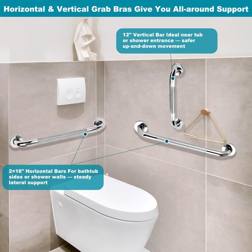 Emquito 3 Pack Grab Bars for Bathtubs and Showers, 16-Inch and 12-Inch Anti-Slip Bathroom Shower Grab Bars for Seniors Wall, Safety Handicap Grab Bars Stainless Steel,Shower Handle for Elderly Wall