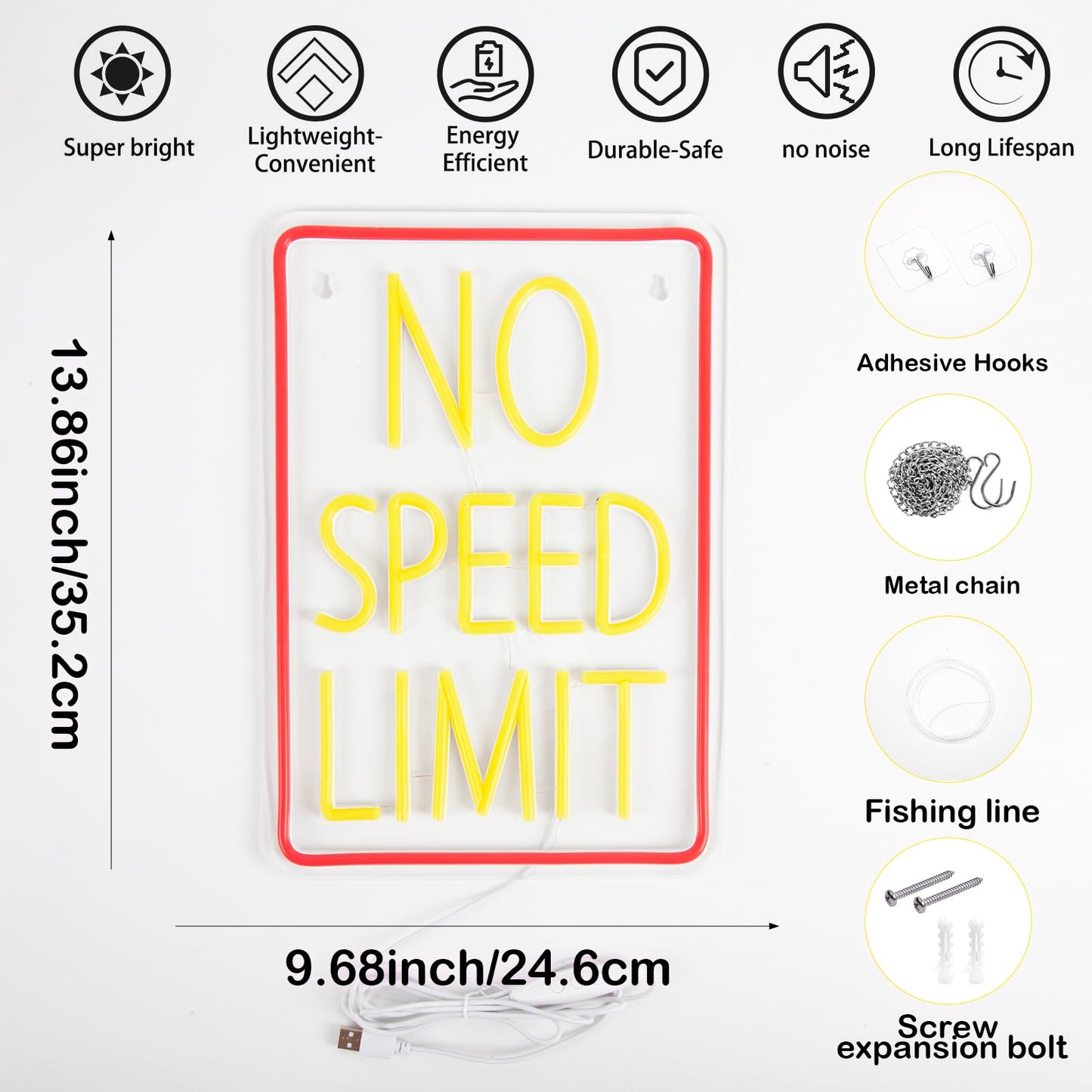 Fercnove No Speed Limit Neon Sign for Wall Decor - Dimmable Red Yellow LED Neon Lights for Bedroom, Garage, Bar, Game Room, Man Cave - Cool Car Wall Decor LED Sign Gifts for Party, Racing & Car Lover