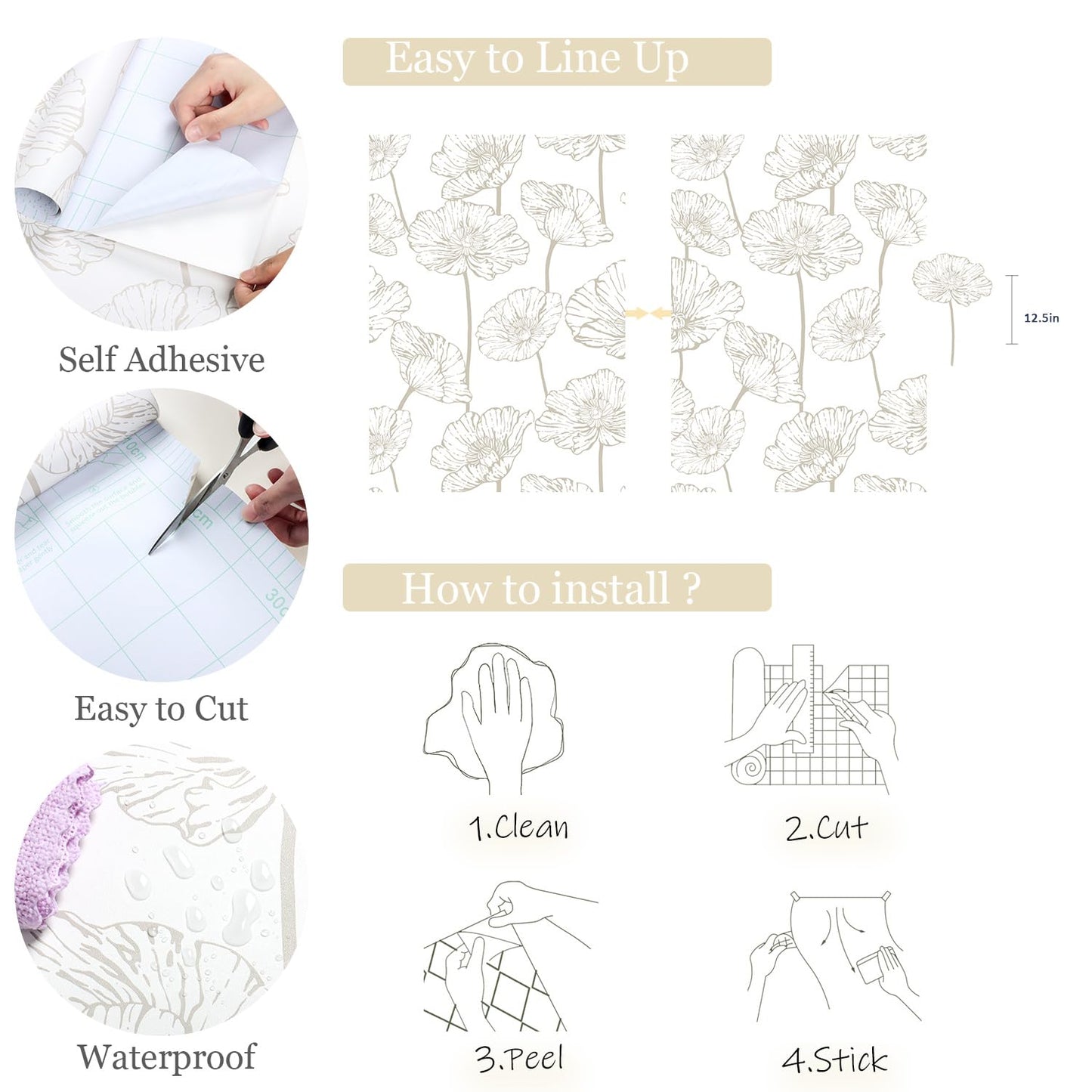 Orainege Peel and Stick Wallpaper Beige and White Floral Wallpaper 17.3inx118.1in Self Adhesive Contact Paper Removable Decorative Wall Paper for Bedroom Bathroom Cabinets Decor Vinyl