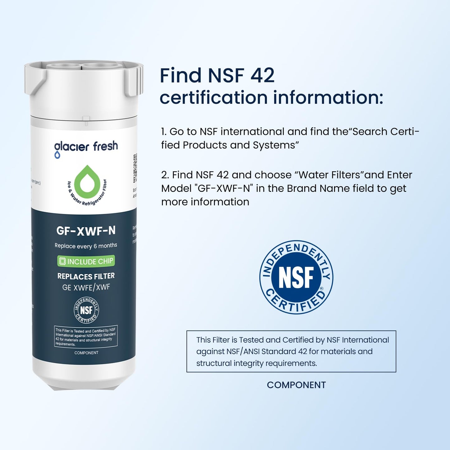 GLACIER FRESH Water Filter Compatible with XWFE (Built-in CHIP), Replacement for GE XWFE, XWF Refrigerator Water Filter NSF/ANSI 42 Certification Pack of 2