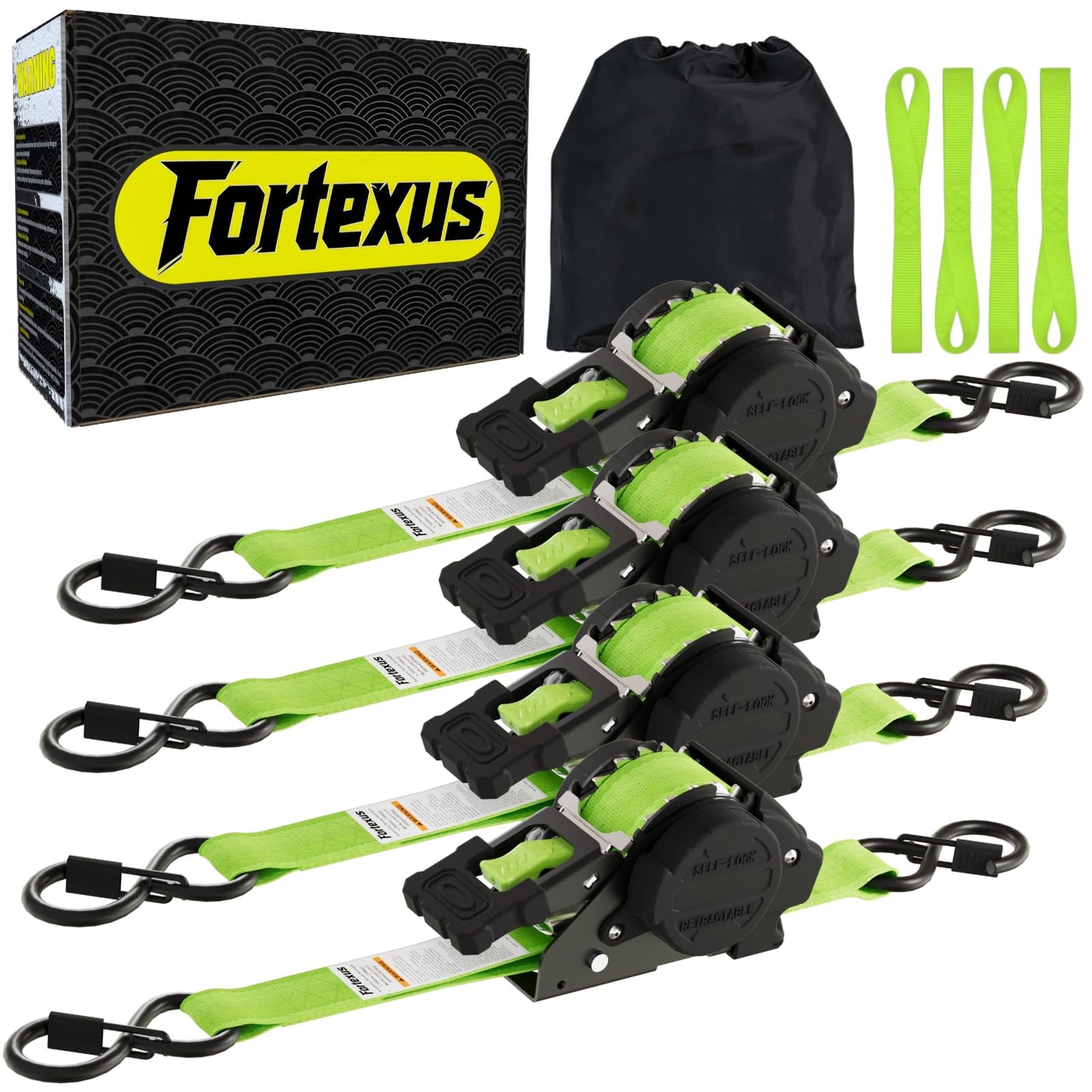 Fortexus Retractable Ratchet Straps,1'' x 12' Tie Downs Automatic Retractable Ratchet Straps 1760lb Break Strength for Trailer,Motorcycle,Scooter,Pickup Truck,UTV,Kayak(Neon Green,4 Pack)
