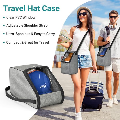 SLEEPING LAMB Hat Storage for Baseball Caps with Clear PVC Window, Hat Travel Case with Adjustable Shoulder Strap, Holds 6-8 Caps Organizer Box for Closet Storage, Grey