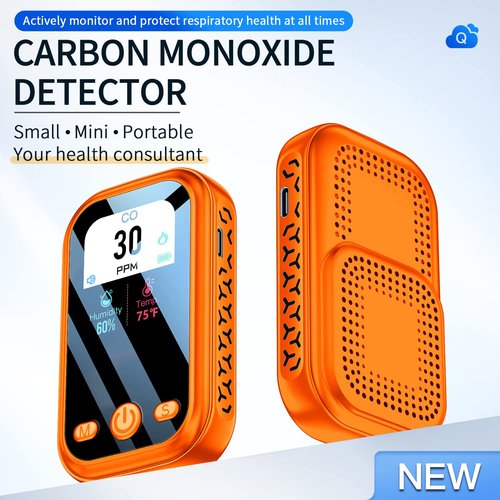 HAKINAKU [3-in-1] Carbon Monoxide Detector Portable Mini Air Quality Monitor with Lanyard Alarm CO Meter Temperature Humidity Sensor Built-in 1000mAh Battery, Indoor/Outdoor (Orange)