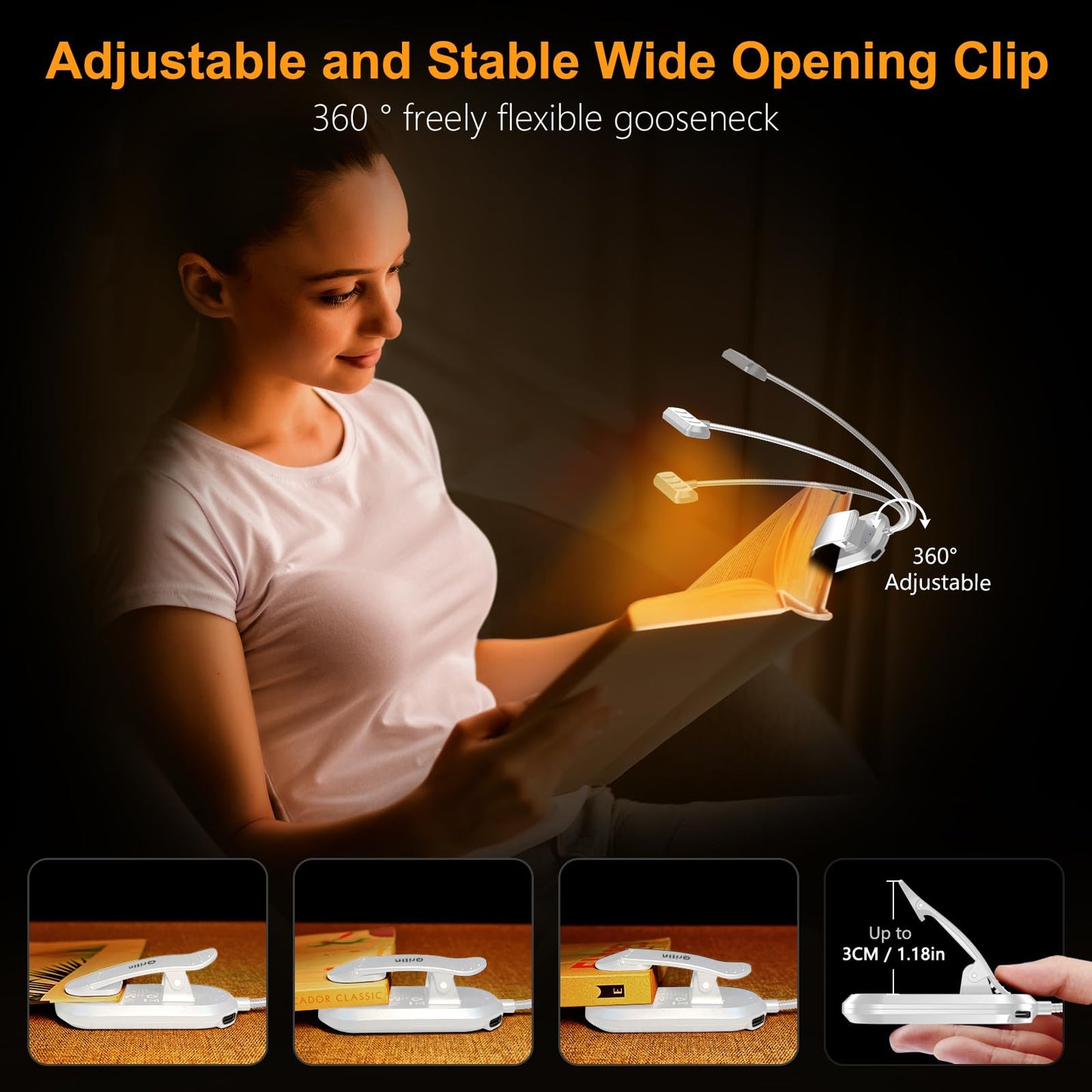 Gritin Rechargeable Book Light for Reading in Bed with 19 LED &Memory Function-Eye Caring 3 Color Temperatures,5 Brightness Levels,90 Hrs Runtime Flexible Goose Neck Clip on Light-White
