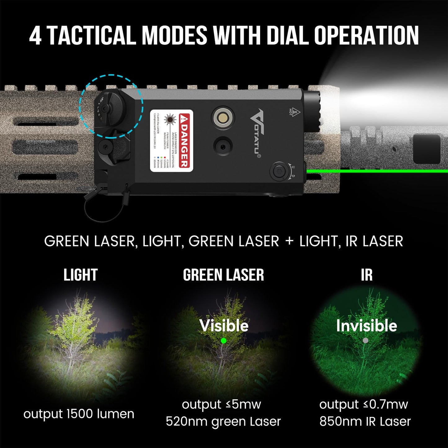 VOTATU V840 Green Laser/Light/IR Combo, 1500 Lumens Tactical Flashlight Laser for Rifle and Carbine Compatible with M-LOK Picatinny Rail, Pressure Switch and USB Magnetic Rechargeable