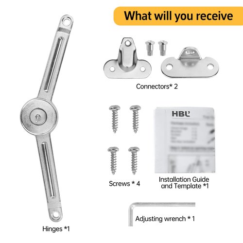 HBL' 2 Pack | Lid Support Hinges Heavy Duty Lid Stay Hinge – 110° Open Angle, Free Stop, Tension Adjustable, Supports Up to 50LBS for Upper Cabinets & RV Cabinets.