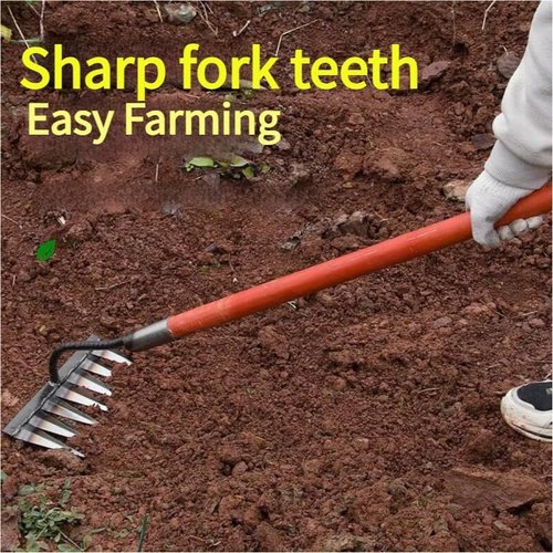Gardeania Iron Weeding Rake,Multi-Tine Carbon Steel Garden Cultivator Rake 5/6/7/8 Teeth,Sod Cutter Uprooting Tool (5Teeth)