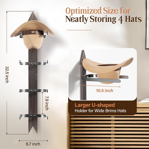 Cowboy Hat Rack for Wall, Cowboy Hat Holder Wall Mount Holds up to 4 Hats, Wooden Western Rustic Metal Hat Hanger with Arrow Sign Board, Hat Organizer for Western Hat, Fedora, Sun Hats (1 pack)
