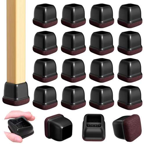 16 Pcs Chair Leg Floor Protectors for Hardwood Floors - Square Silicone Covers with Felt Pads, Protect Floors, Reduce Noise (Black, Fit: 3/4" to 1")