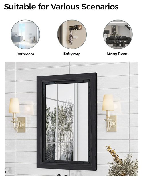 FLYJOE Medicine Cabinet Mirror 16x24 Inch Farmhouse Bathroom Mirror Door Solid Wood Storage Cabinet with Adjustable Shelves, Wall Mounted for Bathroom Living Room, Black