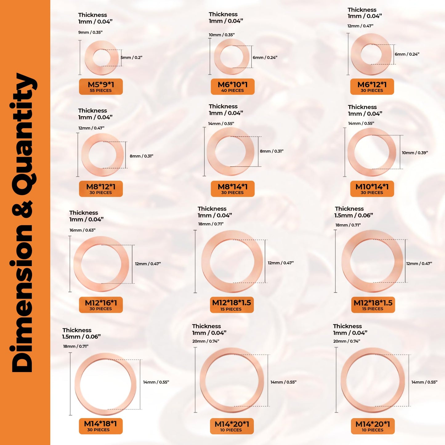 325 PCS, 10 Sizes, Premium Copper Metric Sealing Crush Washers Assortment Kit, Upgraded Flat Ring Oil Drain Plug Crush Washer Gasket Seal Assortment Set, Banjo Bolt Washer for Automotive, Motorcycles