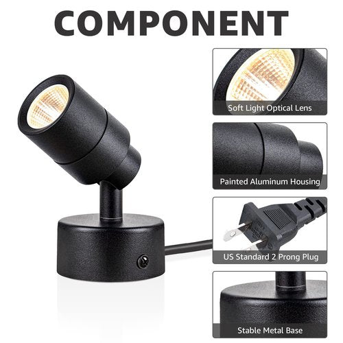 SUNVIE 2 Pack LED 120V SpotLights Indoor, 3W Up Lights Floor Spotlight, 3000K Uplights Indoor Accent Lighting for Plants Pictures Artwork, 5.9 FT Cord with Foot Switch