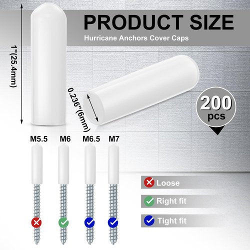 Maasechs 200 Pcs 1/4" x 1" Hurricane Shutter Hardware Screw Protector Caps 6 mm Anchors Covers for Window White Covers Ends of Screw Bolts for Storm Hurricane Shutters Windows Exterior