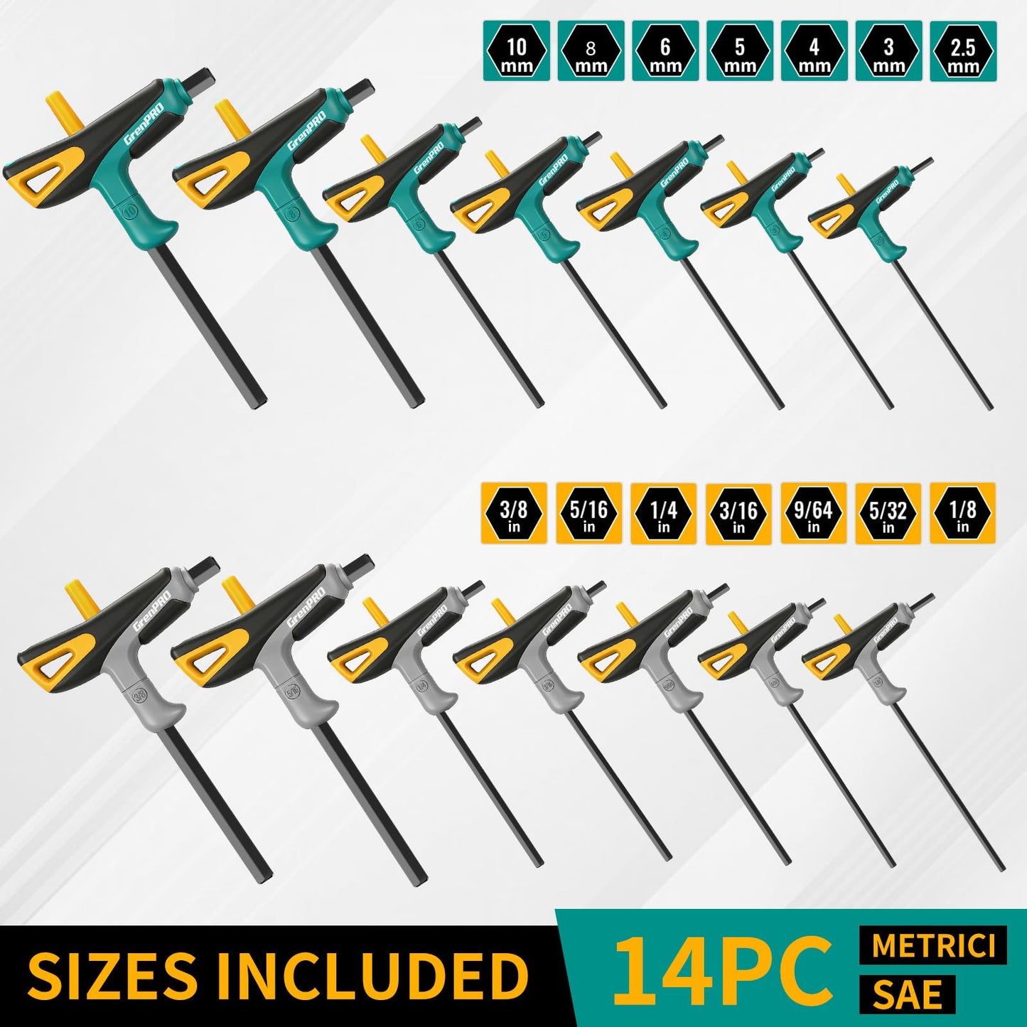 GRENPRO 14-Piece T-Handle Allen Wrenches Sets, Long Arm Allen Key Set, Metric & SAE Hex Key Set with Storage Rack, Portable Allen Wrench Set for Basic Home Repair and Mechanics Maintenance