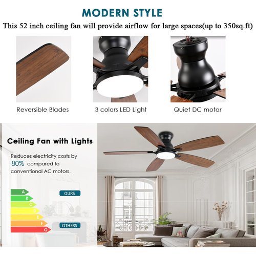 JSAITEE Ceiling Fans with Lights, 52 Inch Low Profile Ceiling Fan with Light and Remote Control, Flush Mount, DC Reversible Motor, Noiseless, Brown 6 Speeds Ceiling Fan for Bedroom