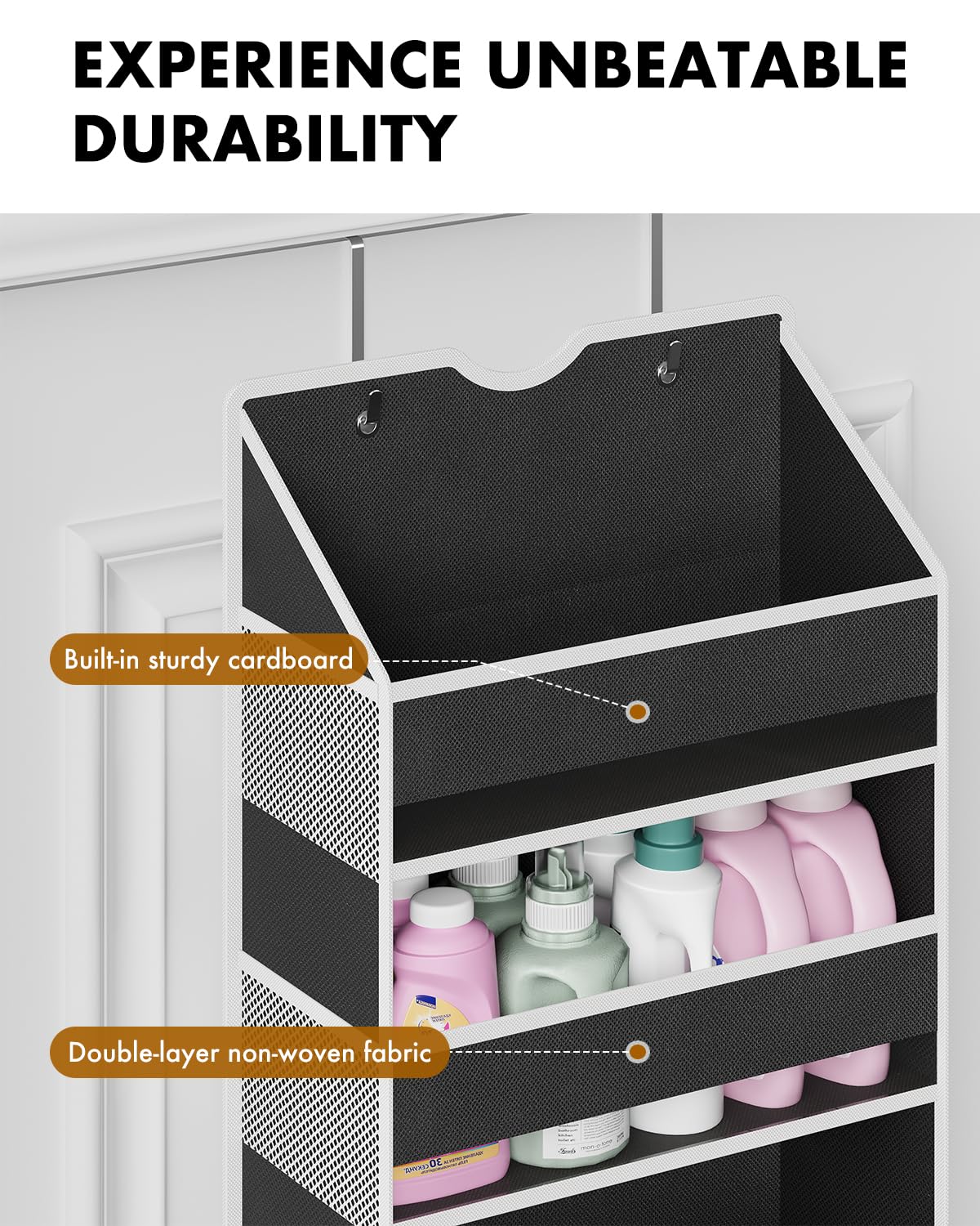 GGUO Over The Door Organizer Hanging - 6 Shelf Over Door Organizer with 6 Clear Front & 12 Side Pockets - 50LB Load Behind Storage for Closet Bedroom Bathroom Nursery Baby Essentials(Black)