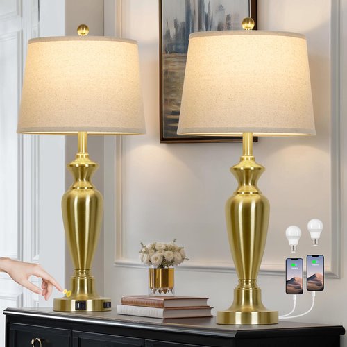 Cinyirong 30" Tall Gold Table Lamps Set of 2, Touch Control Bedside Lamp with USB A+C Ports and AC Outlet, 3-Way Dimmable Modern Metal Nightstand Lamp for Bedroom Living Room, 2 LED Bulbs Included