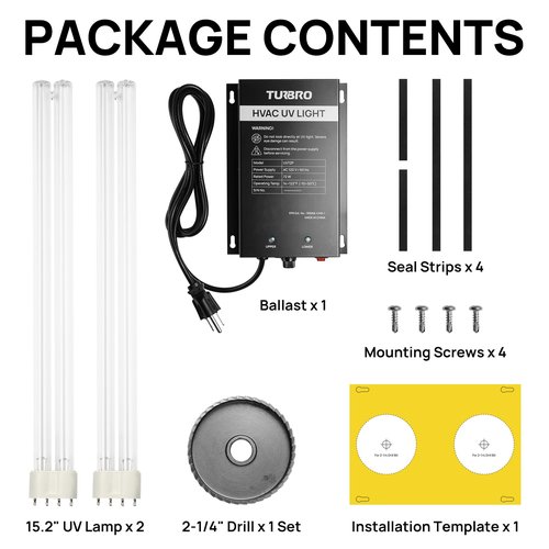 TURBRO AC 120V 72W HVAC UV Light Kit Air Purifier, Comes with Two 4-Pin 2G11 Base Lamps, an Installation Template, and a Ballast, for Cleaning Air and Ducted AC Systems, 15.2 in Long Lamps, UV72P