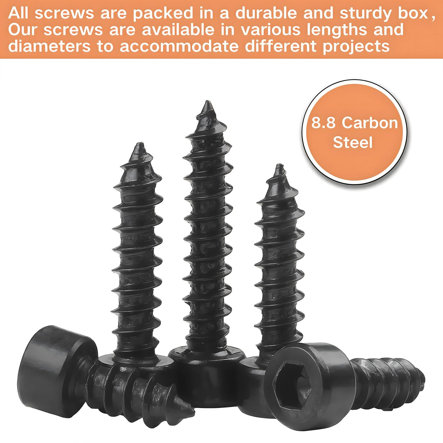 Zmbroll M3 Socket Head Cap Self Tapping Screw Black Grade 8.8 Carbon Steel Metric 400Pcs M3x6/8/10/12/14/16/18/20/25/30mm Socket Allen Head Self Drilling Fasteners Hex Drive Wood Screws