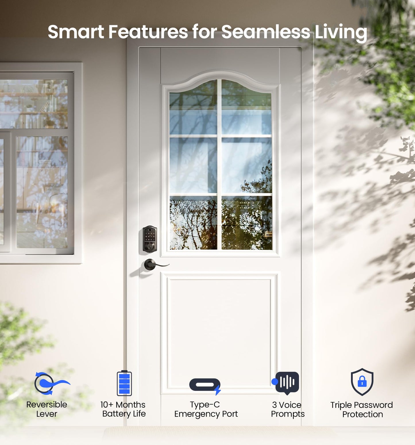 Veise VE017-L Fingerprint Smart Lock with 2 Lever Handles, Keyless Entry Front Door Lock Set, App Control, Electronic Digital Keypad Deadbolt, Easy Installation, Emergency Power Port, Matte Black