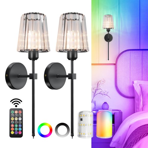FNHMSL Battery Operated Crystal Wall Sconces Set of Two, Black Wireless Wall Lamp with Crystal Shades, Rechargeable LED Bulbs, 12-Colors Dimmable, Remote for Bedroom, Living Room, Bulbs Included