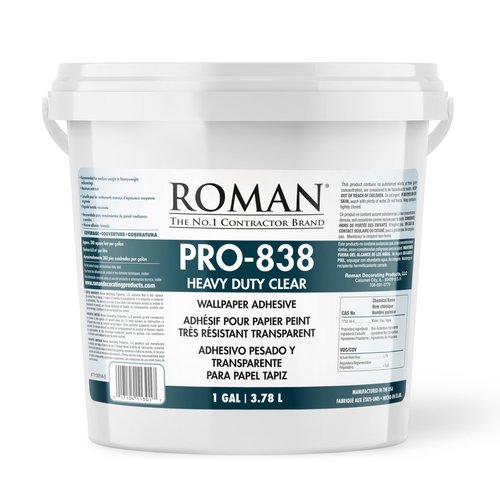 ROMAN PRO-838 Heavy Duty Clear Wallpaper Adhesive, for Commercial Weight Wallcoverings, Wall Carpet, Non-Wovens, and More, 1 Gallon (300 sq. ft.)