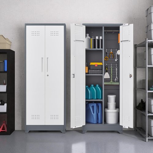 LUCYPAL Broom Closet Storage Cabinet,Utility Closet with Shelves and Hanging Rod for Brooms and Mops,Tool Cabinet for Bathroom,Kitchen,Garage,Warehouse,White&Grey,65" H