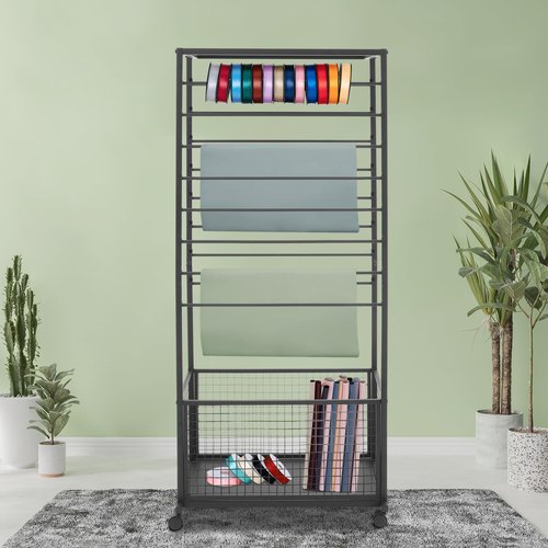 16 -Tier Ribbon Holder Organizer Rack, Double-Sided Ribbon Storage Holder on Wheel, Multifunctional Flower Wrapping Paper Storage Stand for Boutique (Black, 26.38''W × 12.6''D × 59.06''H,)