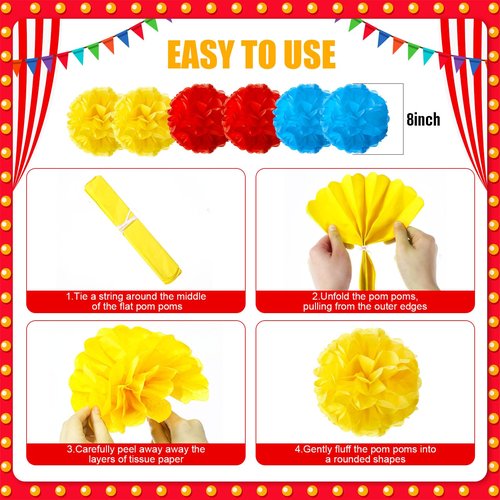 Outus 21 Pcs Carnival Party Decorations with Circus Hanging Paper Lanterns Fans Red Yellow Blue Paper Pom Poms Tissue Flowers for Carnival Circus Birthday Baby Shower Party Favors Supplies