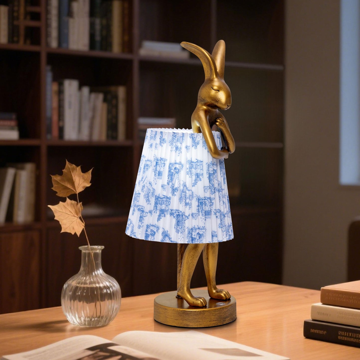 ZenithLight Rabbit Table Lamp Rechargeable, Cordless LED with Linen Shade and Gold Resin Base, Touch Dimmable Wireless Lamp for Bedroom Nightstand Kids Room Nursery Living Room - Pattern