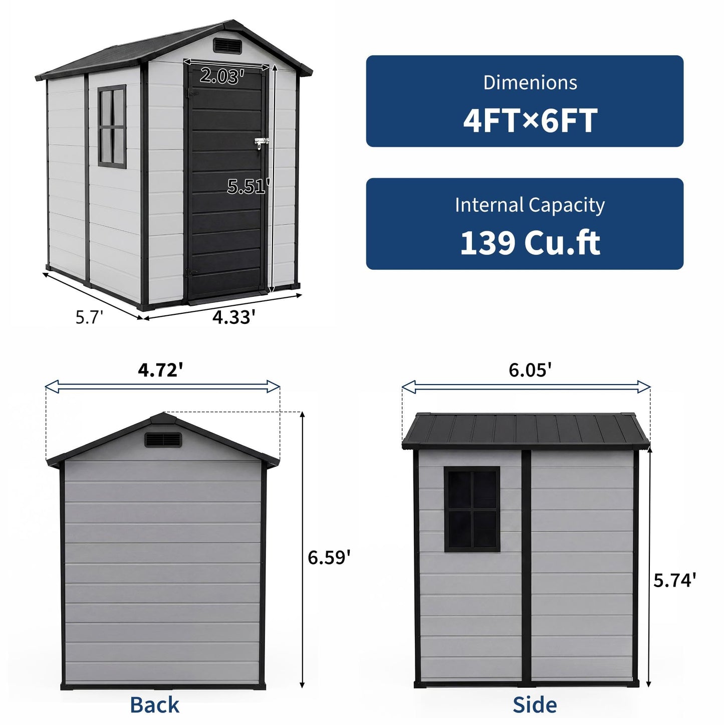 4x6 ft Outdoor Storage Shed with Floor, Plastic Resin Garden Shed with Window & Lockable Door, Tool Shed for Patio, Backyard, Lawn Mower, Bike Storage