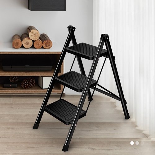 RRXIMHTT 3 Step Ladder Folding with Anti-Slip Pedal & Triangular Support, 330 LBS Capacity Heavy Duty Carbon Steel Ladder, Rust-Proof Lightweight Step Stool for Home Kitchen Office Garage (Black) Bla