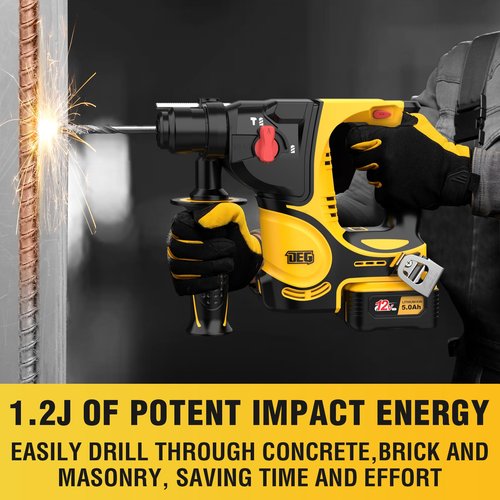 1-1/4 Inch Rotary Hammer Drill,DEGLASERS 12V Max SDS-Plus Cordless Electric Hammer,4800 BPM Brushless Motor,2 Functions,Includes 5.0Ah Battery and charger for Concrete/Metal/Wood Drilling