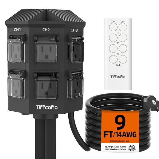 Outdoor Remote Control Power Strip, 9FT Extension Cord Waterproof, Independent Control Outlets, 6 Grounded Outlets for Outdoor Decorations, 14 AWG, 15A/1875W, ETL Listed (9 FT)