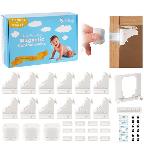 12 Pack Magnetic Cabinet Locks Baby Proofing - Baitiny Child Proof Cupboard Drawers Latches - Adhesive Easy Installation