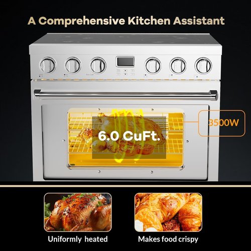36" Stainless Steel Electric Range - 6 Cu.Ft Convection Oven with 5-Element Glass Cooktop, 6 Cooking Functions, Silver
