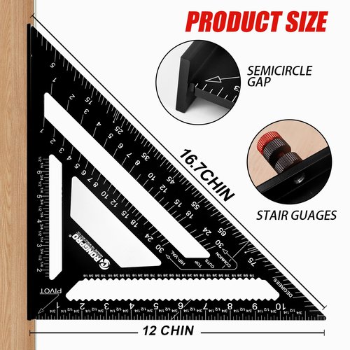 RONGPRO Rafter Square 12 Inch with Woodworking Pencil, Carpenter Measuring Layout Tool, Aluminum Alloy Triangle Carpenter Square for Woodworking- Black, Imperial