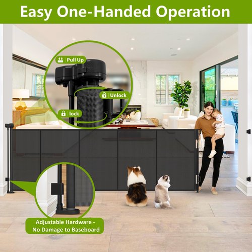 Reinforced 42" Tall Retractable Dog Gate, 155" Extra Long Retractable Baby Gate with Support Rods - Prevent Crawling Under, Indoor/Outdoor Retractable Gate Extra Tall Baby Gate Retractable Fence/Black