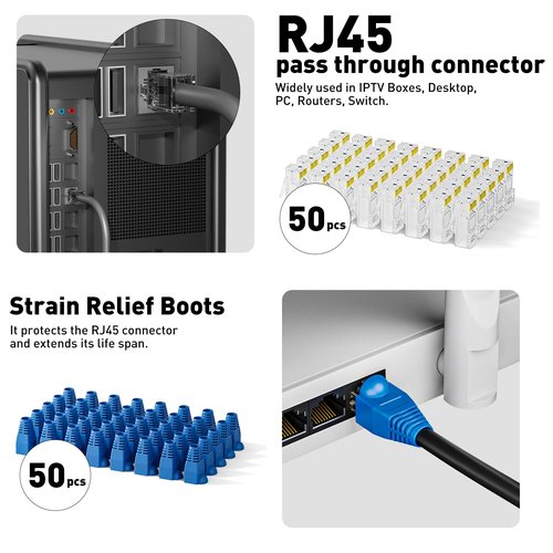 Cat7 RJ45 Crimping Tool, Cat 7 Cat6 Cat5 Pass Through Ethernet Crimping Tool Kit, Network Crimping Tool With Cable Tester, Multiply Stripper, Blades,50Pcs Cat 6 Connectors and Strain Relief Boots