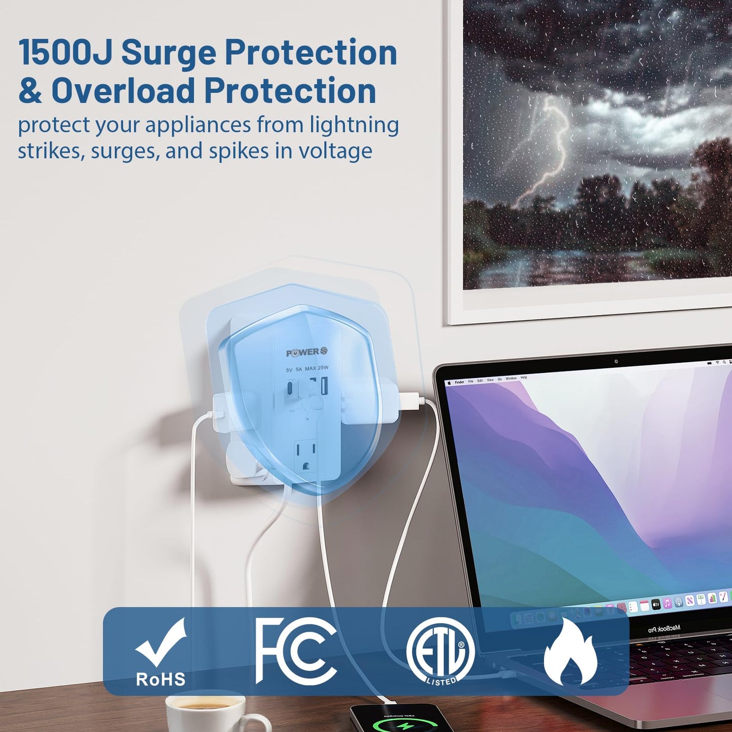 Electrical Outlet Extender with USB Ports (2C2A), Snug Wall Outlet, Surge Protector, Wall Plug Adapter for Multiple Devices, Wall Socket Expander