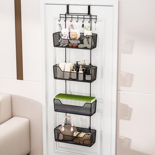 HapiRm Over The Door Organizer - Hanging Door Organizer with 4 Metal Large Capacity Baskets and Adjustable Coat Hook for Bathroom Bedroom Kitchen Pantry Closet Cabinet