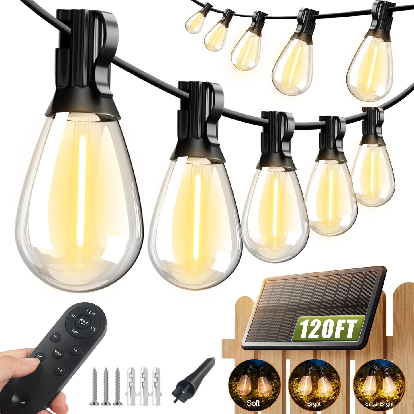 Tenmiro 120FT Solar Outdoor String Lights with Remote and 32+2 LED Shatterproof Bulbs Dimmable & Timing 3 Light Modes Solar Patio String Lights for Cafe, Garden, Deck, Outside Wedding Last for 10+Hrs