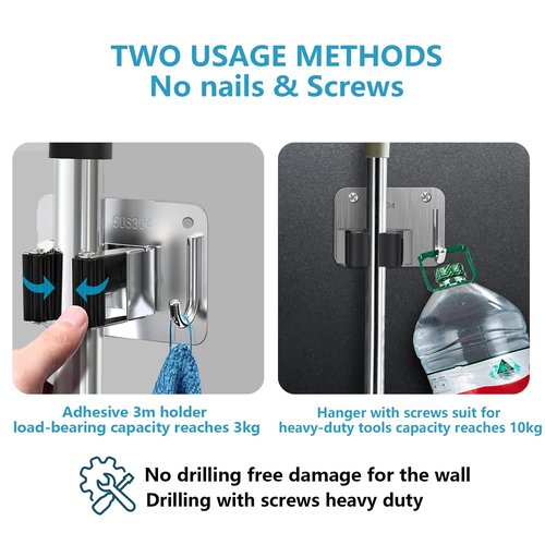 HAOYOWJY Mop Holder and Broom Holder Wall Mount Stainless Steel 304 Tool Garage Organization Rack Screw and Self Adhesive Broom Hanger Heavy Duty 4pcs