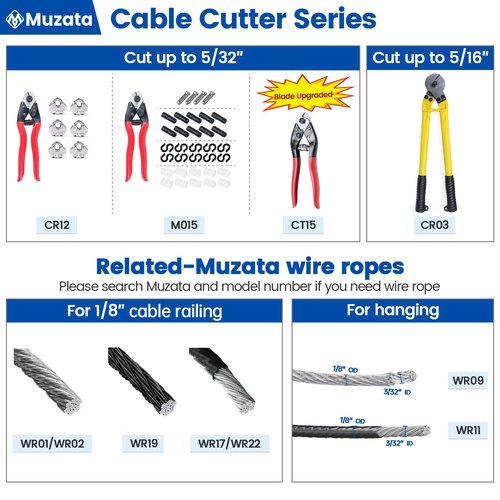 Muzata Cable Cutter Wire Cutter Heavy Duty Up to 1/8" 5/32" Stainless Steel Aircraft Wire Rope for Deck Railing Metal Fence Bicycle Brake Bike DIY Project CR12